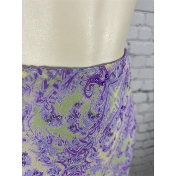 VTG I.C.E. Purple Green 100% Silk Chiffon Floral Beaded Flowy Maxi Long Skirt M - Picture 8 of 13
